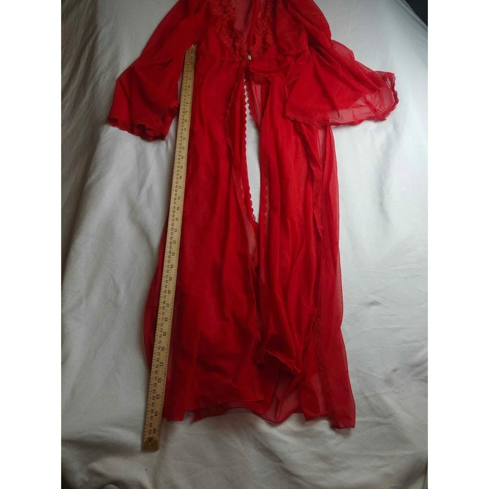 Shirley‎ of Hollywood Red Sheer Mesh Lace Trim Long Robe Womens Large